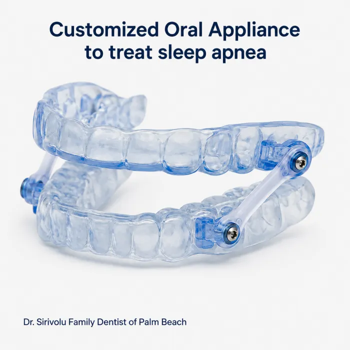 Custom oral appliance for sleep apnea treatment fitted by Dr. Sirivolu, Family Dentist of Palm Beach in Royal Palm Beach, FL