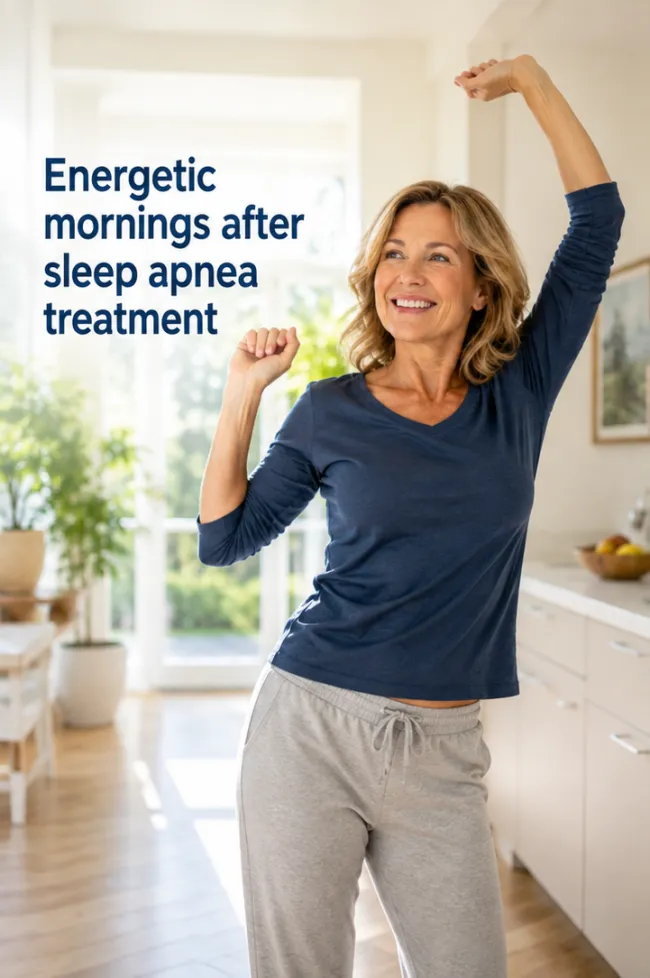 Woman feeling energetic and dancing in her kitchen after sleep apnea treatment near Wellington, FL