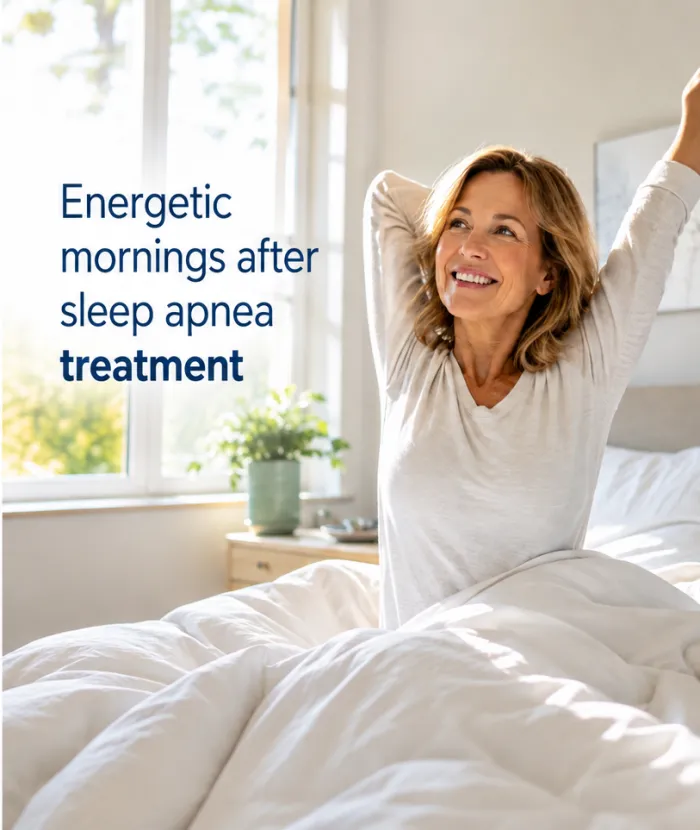Woman stretching and smiling in bed, energetic after sleep apnea treatment in Royal Palm Beach, FL